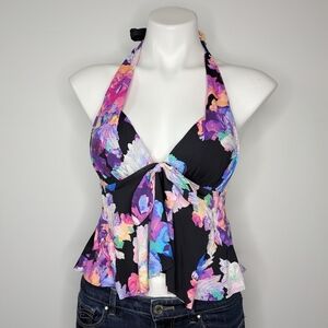 Bar III black purple abstract floral deep v halter neck tankini bikini top S